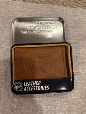 NHL Tan Brown Leather Money Clip with Red Wings Embossed Logo
